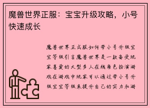 魔兽世界正服：宝宝升级攻略，小号快速成长